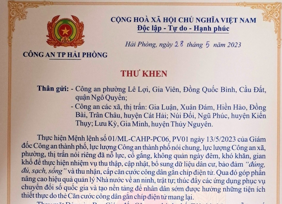 Giám đốc Công an thành phố gửi thư khen 13 Công an xã, phường, thị trấn thuộc Công an quận Ngô Quyền, Công an huyện Cát Hải, Kiến Thụy, Thủy Nguyên